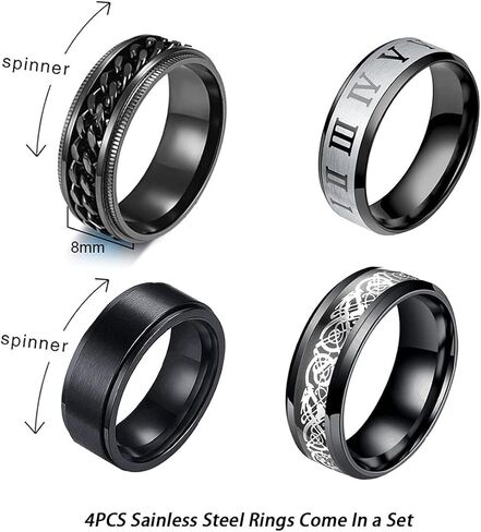 yfstyle 4PCS Plain Band Rings for Men Stainless Steel Rings for Men Wedding Ring Cool Spinner Rings for Men Black Stainless Steel Ring Set Anxiety Ring Fidget Size 6-12 in Kuwait