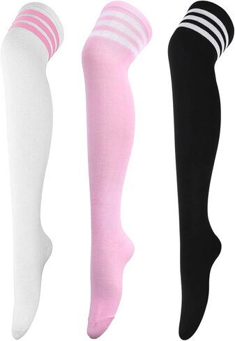DRESHOW 3 Pairs Thigh High Socks Striped Over Knee Thin Tights Long Stocking Knee High Leg Warmer in Saudi Arabia