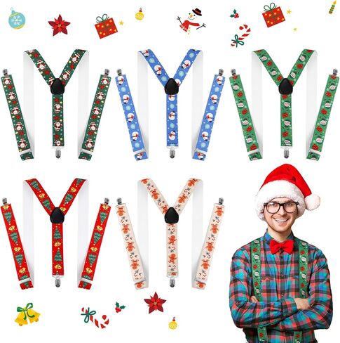 Suhine 5 Pcs Christmas Suspenders Adjustable Santa Snowman Christmas Suspender with Strong Metal Clips Button Suspenders for Men Christmas Wearable Accessories, One Size in Saudi Arabia