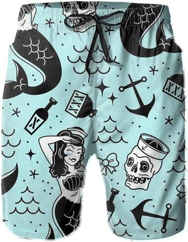 SARA NELL Mens Mermaid and Skull Swim Trunks Board Shorts Beach Swimwear Bathing Suit with Mesh Lined and Pockets in Kuwait