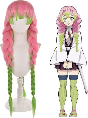 MoeLoli Demon Slayer Kanroji Mitsuri Cosplay Wig Green Mix Pink Long Anime Costume Wigs with Wig Net (Kanroji Mitsuri) in Saudi Arabia