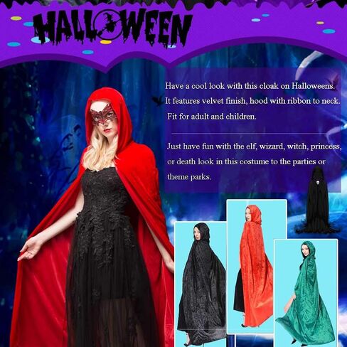 Halloween Hooded Cloak Full Length Velvet Cape with Hood for Halloween Cosplay Costume,59 inch in Kuwait