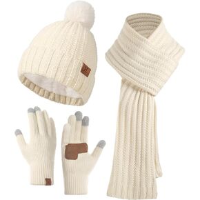 Women Winter Beanie Hat Scarf Gloves Set Knit Pom Hats Long Scarf Neck Warmer Touchscreen Gloves with Fleece Lined 3 in 1 Set