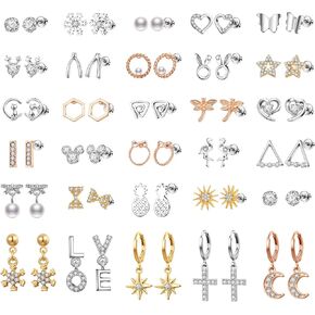 Aganippe 12/30 Pairs Assorted Stainless Steel Stud Earrings Set for Teens Girls Women Mini Hoop Earrings Animal Pearl Crystal Geometric Stud Cat Heart-shaped Gifts Cute Earrings for Teen Girls