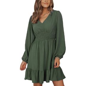 فساتين Chriselda النسائية الصغيرة لعام 2023 فساتين صيفية غير رسمية برقبة على شكل حرف v وأكمام طويلة مكشكشة واسعة على شكل حرف A فستان خريفي in Kuwait