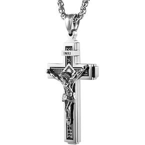 HZMAN Catholic Jesus Christ on INRI Cross Crucifix Gold Silver Tone stainless steel Pendant Necklace 22+2 Chain