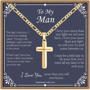IEFLIFE Cross Necklaces Gifts for Men, Silver/Black/Gold Cross Necklace Figaro Chain for Men, Fathers Day Christmas Baptism Gift for Dad Son Grandpa Boyfriend Husband
