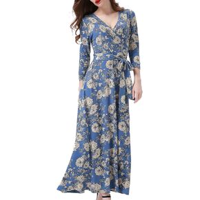 Aphratti Womens Faux Wrap V Neck 3/4 Sleeve Maxi Dress Casual Floral Fit and Flare Long Dresses