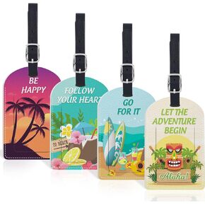 Hawaii Luggage Tags 4 Pack Leather Aloha Luggage Tag Unique Summer Beach Travel Baggage Tags Tropical Luau Suitcase Identifier Labels with Privacy Cover Luggage Name Tags for Suitcases Women Men