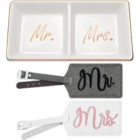 Wedding Ring Dish Engagement Ring Dish Ceramic Trinket Tray Wedding Jewelry Ring Holder with 2 Pieces Luggage Tags Faux Leather Travel Tags for Bridal Shower Honeymoon Newlyweds