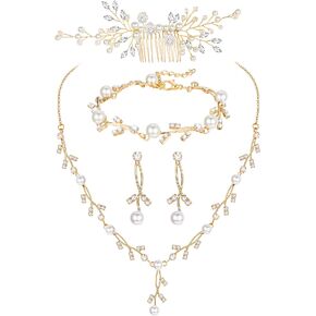 YADOCA Pearl Wedding Bridal Jewelry Set For Women Pearl Rhinestone Crystal Drop Necklace Earring Bracelet Hair Pins Prom Bride Bridesmaid Pearl Jewelry Accessories Silver Gold Rose Gold