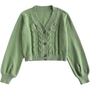 ZAFUL Women's Button Up Embroidered Cable Knit Cardigan V Neck Long Sleeve Cropped Sweater
