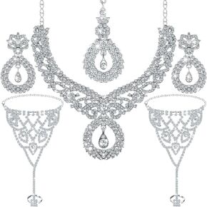 Sureio Indian Jewelry Sets for Women Bollywood Wedding Jewelry Necklace Set Choker Necklace with Maang Tikka Earrings Set Rhinestone Bridal Bracelet for Wedding Prom Party
