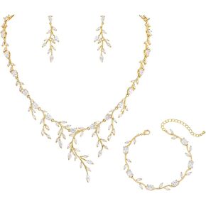 MEEDOZ Jewelry CZ Set for Women, White Gold Plated Necklace Dangle Earring Adjustable Bracelet Set with Marquise Teardrop Cubic Zirconia for Bridal Wedding Party in Kuwait
