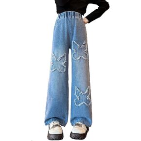 NABER Kids Girls Casual Baggy Wide Leg Denim Pants Elastic Waist Casual Jeans Age 5-14