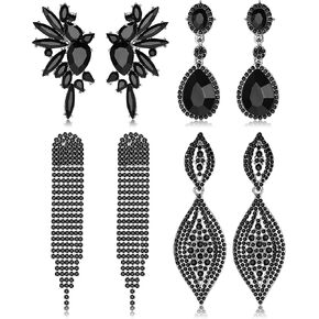 Sanfenly 4 Pairs Clip On Earrings Women Fashion Dangle Dangling Dangly Teardrop Long Chandelier Crystal Rhinestone Zirconia Earrings Sparkly Wedding Bridal Bride Bridesmaid Prom Formal Clip Earrings Silver Gold Black Red Blue Pink Green Non Pierced Earrin