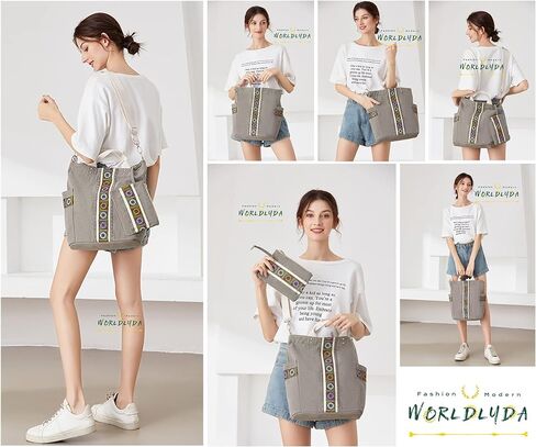 حقيبة يد نسائية من القماش الكتاني من Worldlyda حقيبة كتف كبيرة كلاسيكية كاجوال بمقبض علوي وحقائب يد مع تطريز in Kuwait