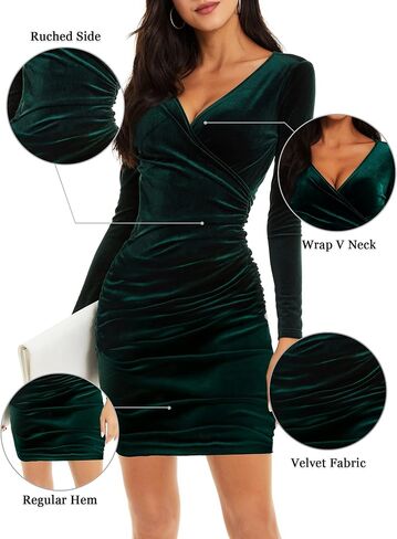 فستان نسائي من FENSACE برقبة على شكل حرف V وأكمام طويلة مخملي وحفلات الكوكتيل مكشكش in Kuwait