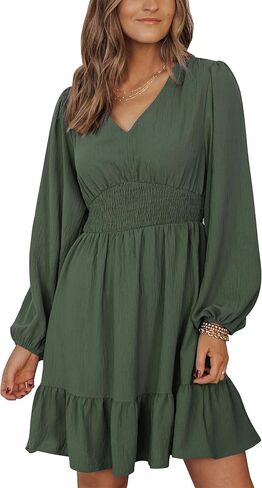 فساتين Chriselda النسائية الصغيرة لعام 2023 فساتين صيفية غير رسمية برقبة على شكل حرف v وأكمام طويلة مكشكشة واسعة على شكل حرف A فستان خريفي in Kuwait