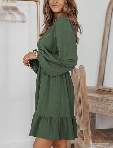 فساتين Chriselda النسائية الصغيرة لعام 2023 فساتين صيفية غير رسمية برقبة على شكل حرف v وأكمام طويلة مكشكشة واسعة على شكل حرف A فستان خريفي in Kuwait