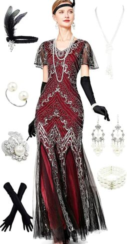 Women Short Sleeve Evening Maxi Long Dress 1920s Sequin Mermaid Hem Wedding Prom Gown Costume w/ 20s Gatsby Accessories Set in Kuwait