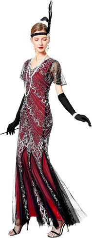 Women Short Sleeve Evening Maxi Long Dress 1920s Sequin Mermaid Hem Wedding Prom Gown Costume w/ 20s Gatsby Accessories Set in Kuwait