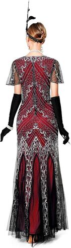 Women Short Sleeve Evening Maxi Long Dress 1920s Sequin Mermaid Hem Wedding Prom Gown Costume w/ 20s Gatsby Accessories Set in Kuwait