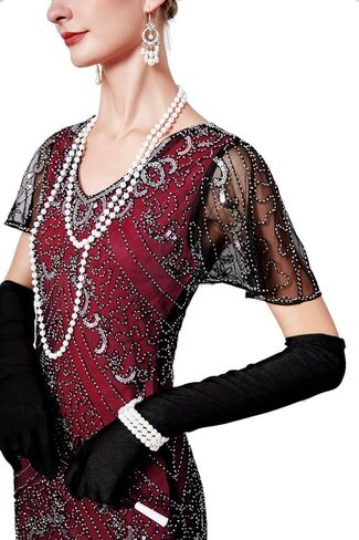 Women Short Sleeve Evening Maxi Long Dress 1920s Sequin Mermaid Hem Wedding Prom Gown Costume w/ 20s Gatsby Accessories Set in Kuwait