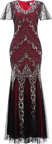 Women Short Sleeve Evening Maxi Long Dress 1920s Sequin Mermaid Hem Wedding Prom Gown Costume w/ 20s Gatsby Accessories Set in Kuwait