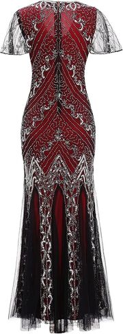 Women Short Sleeve Evening Maxi Long Dress 1920s Sequin Mermaid Hem Wedding Prom Gown Costume w/ 20s Gatsby Accessories Set in Kuwait