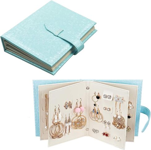 Fangoo Earring Organizer Book Design Earring حامل السفر مجوهرات تخزين حالة حامل صينية، قادرة على عقد 42 زوجا (الأزرق) in Kuwait