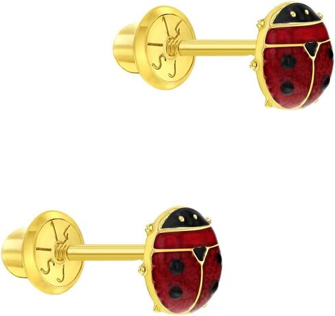 14k Yellow Gold 5mm Colorful Enamel Ladybug Screw Back Earrings for Young Girls - Cute Stud Earrings for Children with Safety Screw Back Locking for Babies, Toddlers & Little Girls in Saudi Arabia