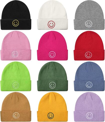 12 Pieces Knit Beanie Hat with Smile Face Embroidered Acrylic Soft Winter Hats Stretchy Smile Beanie Hats for Men Women in Saudi Arabia