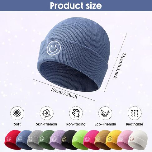 12 Pieces Knit Beanie Hat with Smile Face Embroidered Acrylic Soft Winter Hats Stretchy Smile Beanie Hats for Men Women in Saudi Arabia