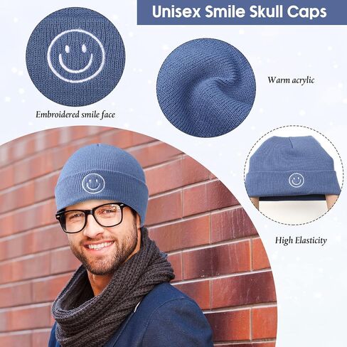12 Pieces Knit Beanie Hat with Smile Face Embroidered Acrylic Soft Winter Hats Stretchy Smile Beanie Hats for Men Women in Saudi Arabia