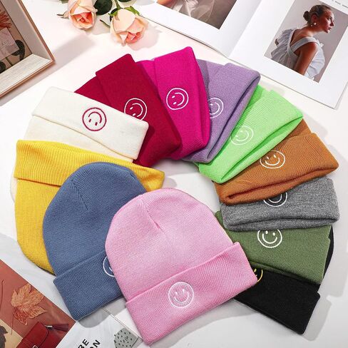 12 Pieces Knit Beanie Hat with Smile Face Embroidered Acrylic Soft Winter Hats Stretchy Smile Beanie Hats for Men Women in Saudi Arabia