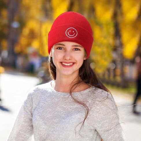 12 Pieces Knit Beanie Hat with Smile Face Embroidered Acrylic Soft Winter Hats Stretchy Smile Beanie Hats for Men Women in Saudi Arabia