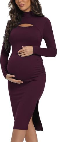 Long Sleeve Turtleneck Maternity Bodycon Dress, Split Chic Pregnancy Dress for Casual Wear, Baby Shower, Photoshoot in Kuwait