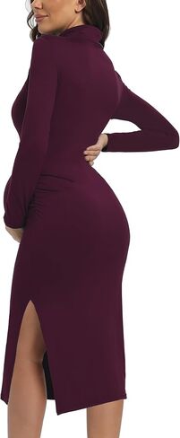 Long Sleeve Turtleneck Maternity Bodycon Dress, Split Chic Pregnancy Dress for Casual Wear, Baby Shower, Photoshoot in Kuwait
