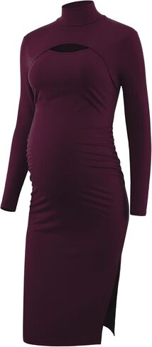 Long Sleeve Turtleneck Maternity Bodycon Dress, Split Chic Pregnancy Dress for Casual Wear, Baby Shower, Photoshoot in Kuwait