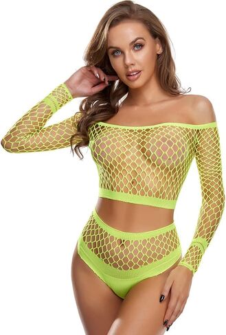 SLITHICE مجموعة ملابس داخلية نسائية مثيرة مكونة من شبكة صيد السمك مكونة من قطعتين وأكمام طويلة مجوفة + شورت in Kuwait