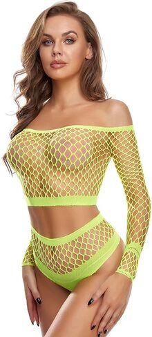 SLITHICE مجموعة ملابس داخلية نسائية مثيرة مكونة من شبكة صيد السمك مكونة من قطعتين وأكمام طويلة مجوفة + شورت in Kuwait