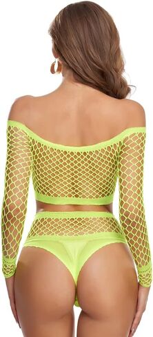SLITHICE مجموعة ملابس داخلية نسائية مثيرة مكونة من شبكة صيد السمك مكونة من قطعتين وأكمام طويلة مجوفة + شورت in Kuwait