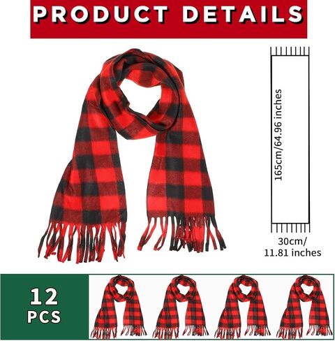 Chuarry 12 Pcs Christmas Buffalo Plaid Scarves Bulk Fringe Red and Black Big Grid Long Shawl Tassel Edge Winter Warm Check Large Pashmina Men Women's Cold Weather Scarves and Wraps in Kuwait