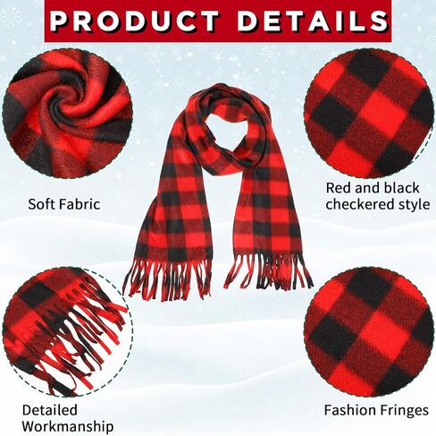 Chuarry 12 Pcs Christmas Buffalo Plaid Scarves Bulk Fringe Red and Black Big Grid Long Shawl Tassel Edge Winter Warm Check Large Pashmina Men Women's Cold Weather Scarves and Wraps in Kuwait