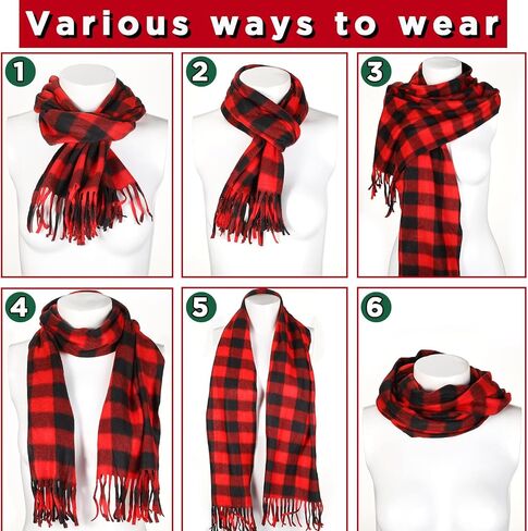 Chuarry 12 Pcs Christmas Buffalo Plaid Scarves Bulk Fringe Red and Black Big Grid Long Shawl Tassel Edge Winter Warm Check Large Pashmina Men Women's Cold Weather Scarves and Wraps in Kuwait