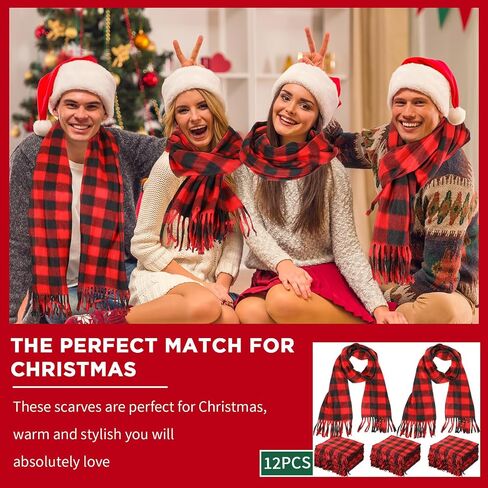 Chuarry 12 Pcs Christmas Buffalo Plaid Scarves Bulk Fringe Red and Black Big Grid Long Shawl Tassel Edge Winter Warm Check Large Pashmina Men Women's Cold Weather Scarves and Wraps in Kuwait