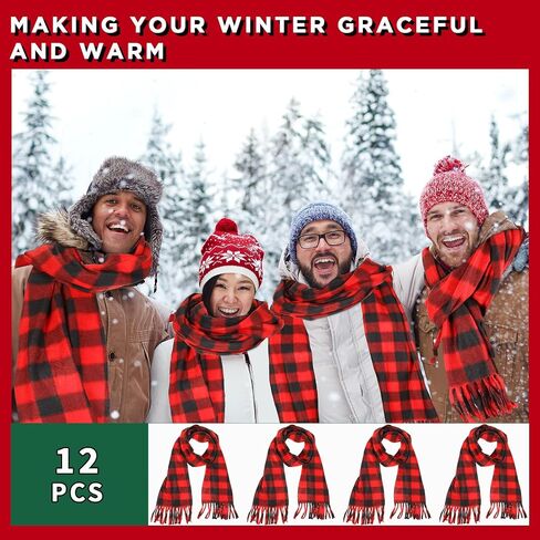 Chuarry 12 Pcs Christmas Buffalo Plaid Scarves Bulk Fringe Red and Black Big Grid Long Shawl Tassel Edge Winter Warm Check Large Pashmina Men Women's Cold Weather Scarves and Wraps in Kuwait