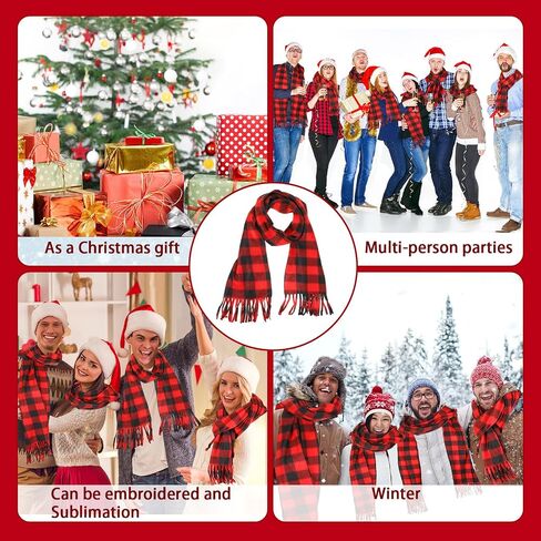 Chuarry 12 Pcs Christmas Buffalo Plaid Scarves Bulk Fringe Red and Black Big Grid Long Shawl Tassel Edge Winter Warm Check Large Pashmina Men Women's Cold Weather Scarves and Wraps in Kuwait