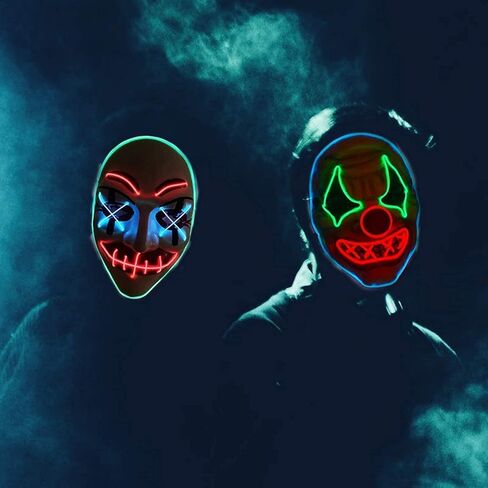 قناع LED للهالوين، قناع تطهير مضيء، أقنعة مهرج مخيفة لحفلات الهالوين - إضاءة زرقاء وخضراء وحمراء in Kuwait